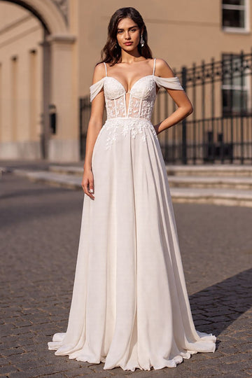 Cold Shoulder Corset Ivory A Line Appliqued Wedding Dress